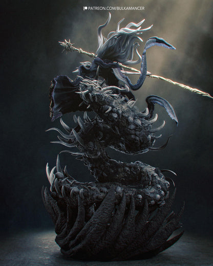 Hand Painted Dark Fantasy Resin Statue – 1/8 and 1/6 Scale – Staff Wielding Sorcerer on Monster Display Base