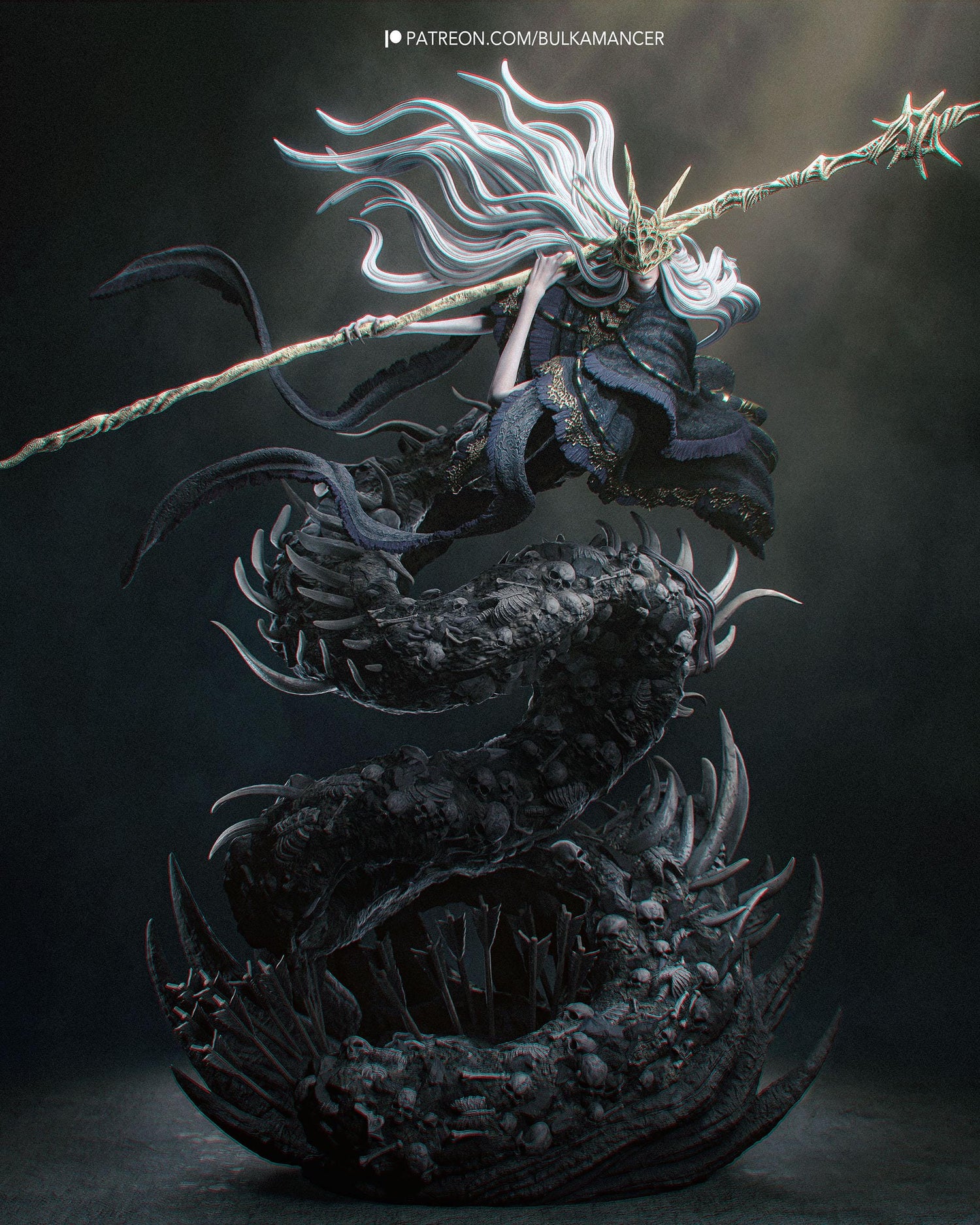 Hand Painted Dark Fantasy Resin Statue – 1/8 and 1/6 Scale – Staff Wielding Sorcerer on Monster Display Base