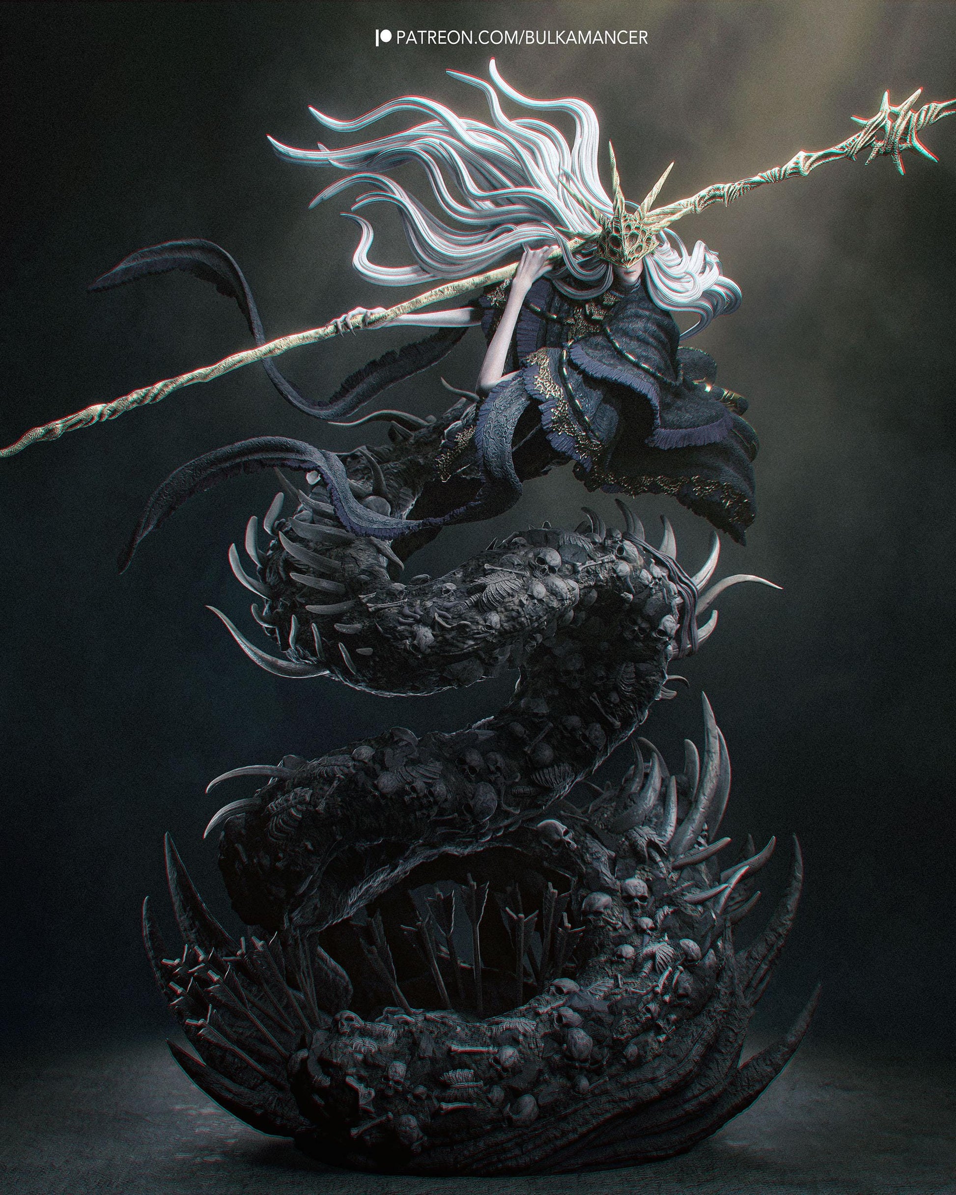 Hand Painted Dark Fantasy Resin Statue – 1/8 and 1/6 Scale – Staff Wielding Sorcerer on Monster Display Base