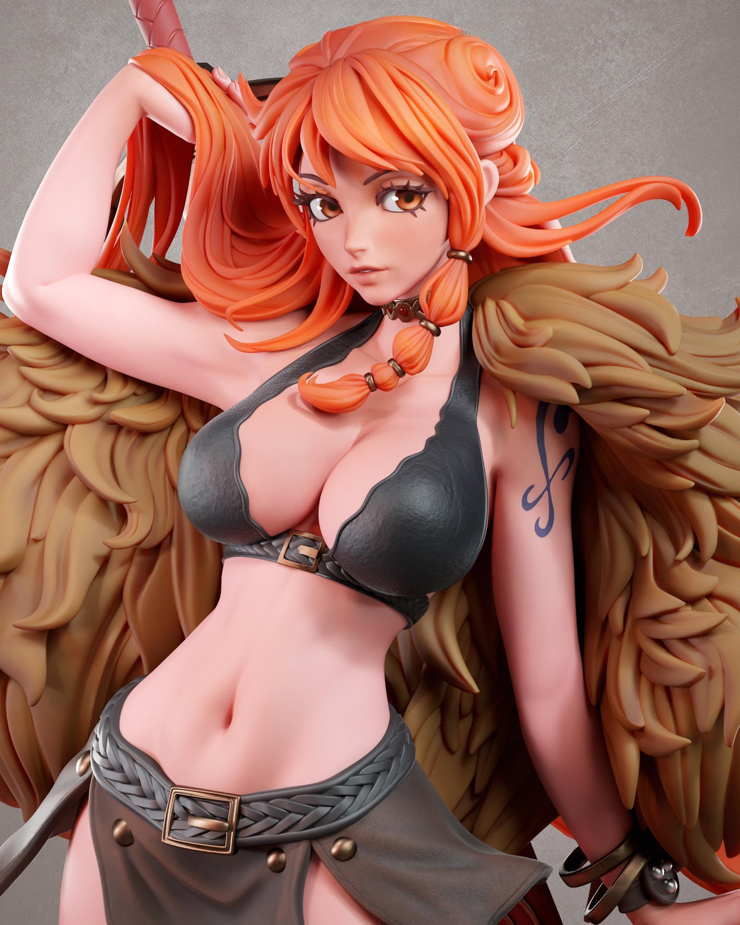 A close-up of a female character with vibrant orange hair, wearing a black bra and skirt, and holding a sword.