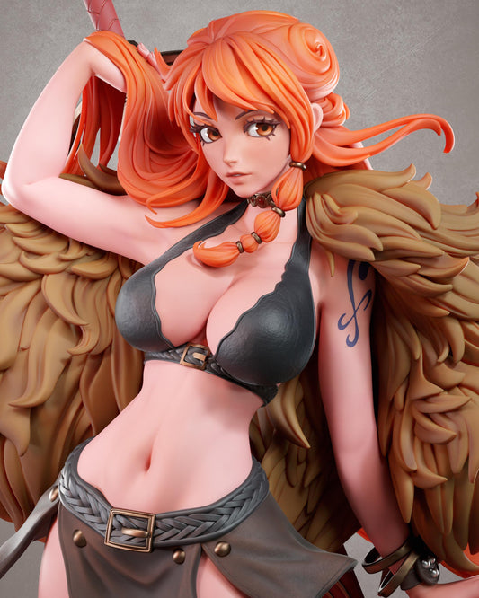 A close-up of a female character with vibrant orange hair, wearing a black bra and skirt, and holding a sword.