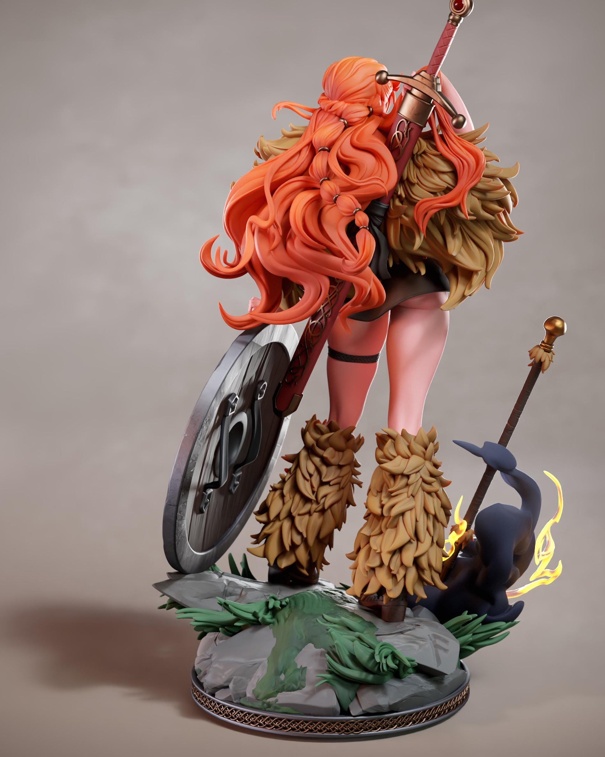 A detailed 3D rendering of a female character with long, vibrant red hair, wearing a black outfit and holding a sword and shield. The character is standing on a rock formation with a dragon-like creature in the background.