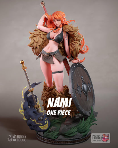 A 3D model of a female character with red hair, wearing a bikini top and holding a shield and sword. The character is standing on a base with a dragon and other fantastical elements.