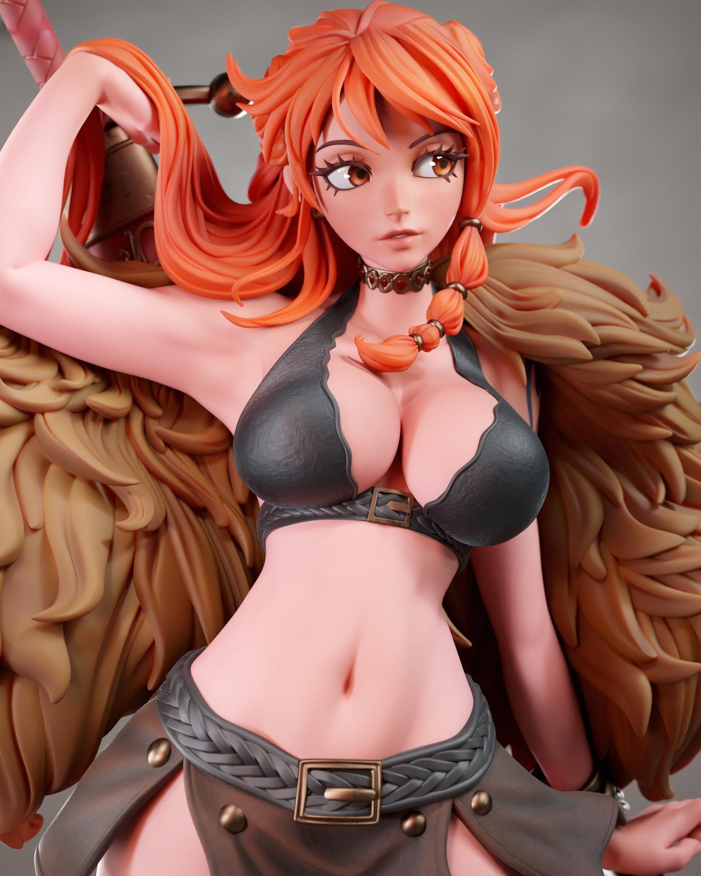 A close-up of a female character with orange hair and a black bra, wearing a brown skirt and holding a weapon.